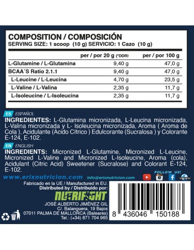 BCAA´S + GLUTAMINA 500 G COLA