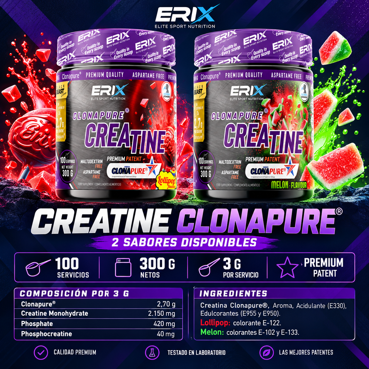 Clonapure Creatine ERIX Piruleta y Melón